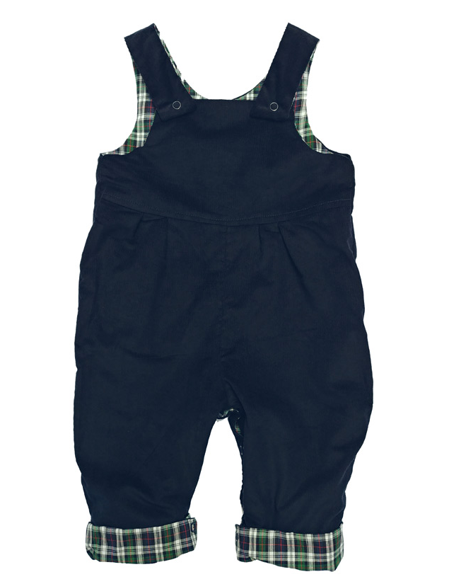 Connor Reversible Dungarees by Seesaw, solid navy side shown, tartan-lined cuffs and straps visible