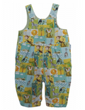 Jolly Jungle Reversible Dungarees by Seesaw, jungle print side shown, vibrant patchwork with lion, tiger, monkey, zebra and toucan on mint and yellow
