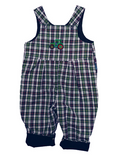 Connor Reversible Dungarees by Seesaw, tartan check side shown with embroidered green tractor on bib, navy cuffed hems