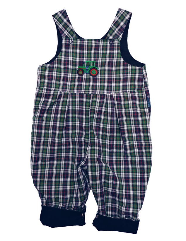 Connor Reversible Dungarees by Seesaw, tartan check side shown with embroidered green tractor on bib, navy cuffed hems