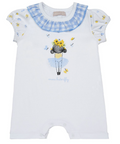 White baby romper with pale blue gingham ruffle collar and illustrated girl on the front