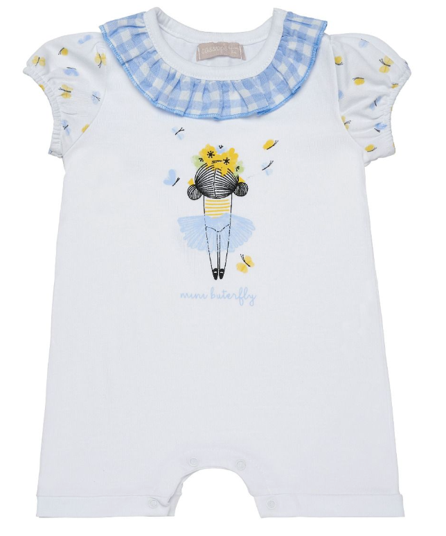 White baby romper with pale blue gingham ruffle collar and illustrated girl on the front