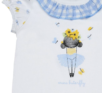 Cassiope white baby romper with pale blue ruffle collar and scattered yellow and blue motifs