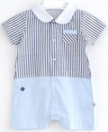 Boys white romper with blue vertical stripes, white rounded collar and chest pocket