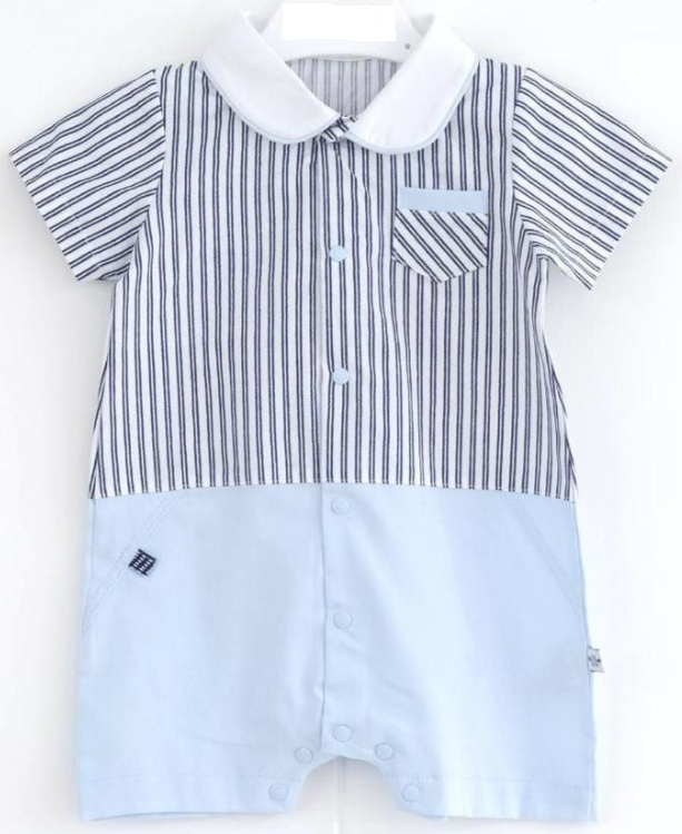 Boys white romper with blue vertical stripes, white rounded collar and chest pocket
